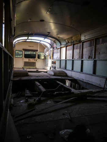 Inside a stripped out chickenbus