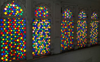 Colourful stained glass at our hotel in Jaipur