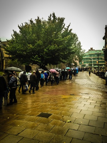 Massive line in the rain to get into the beer festival on Saturday morning